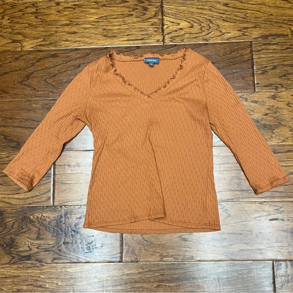 Modcloth Orange V-Neck Lettuce Edge Top